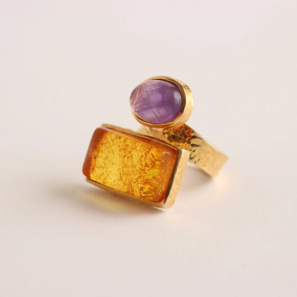 Baltic Amber And Amethyst Gold Ring- 14k Gold Plated s925 - Picture 7 of 8